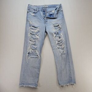 Levis Jeans Womens 29 Blue Wedgie Straight Button Fly Mid Rise Distressed Denim